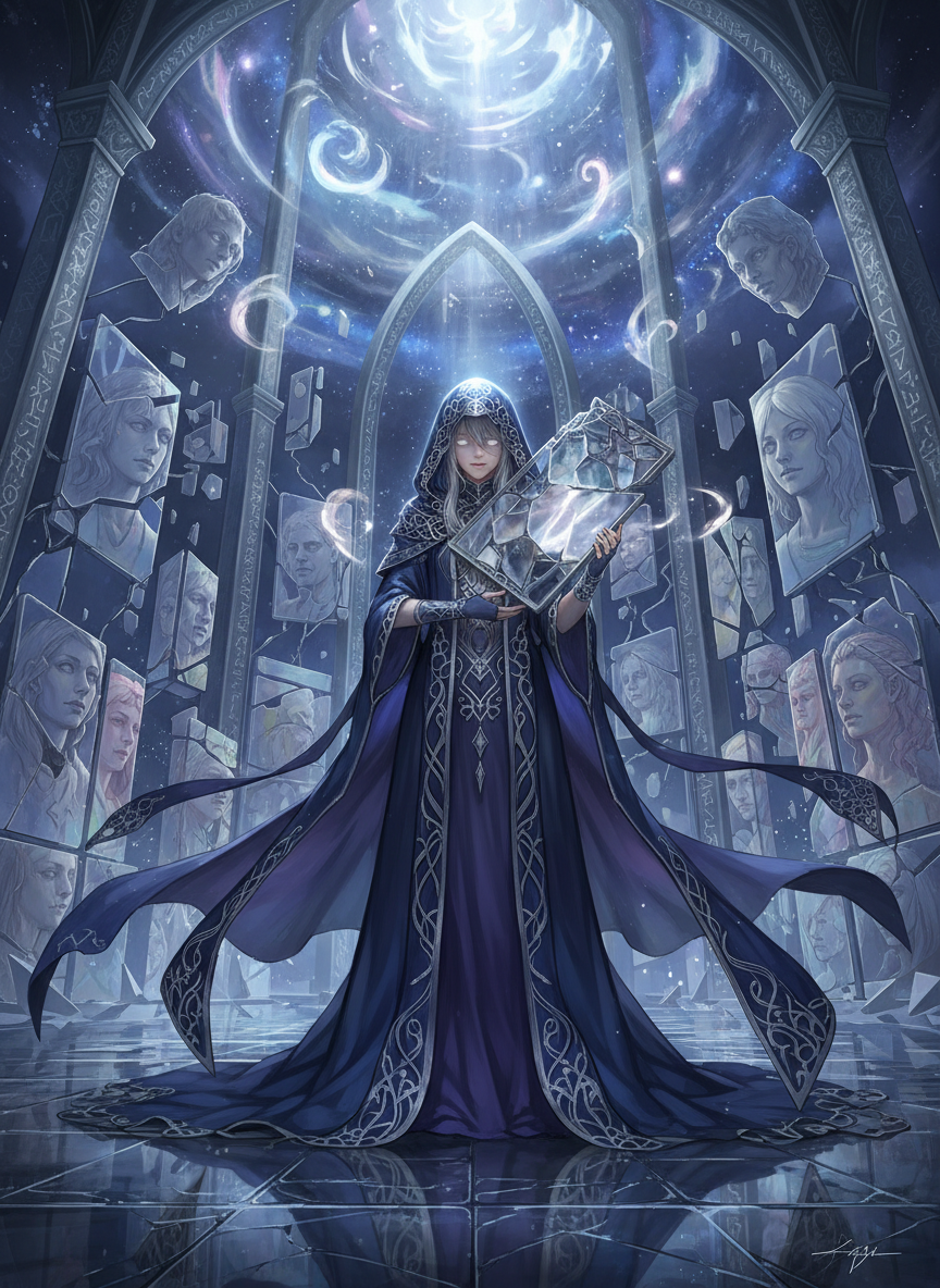 ميريل، ناسكة المرايا التي تحفظ الملامح التي فقدها أصحابها في أحلام الغرباء - AI Character Card