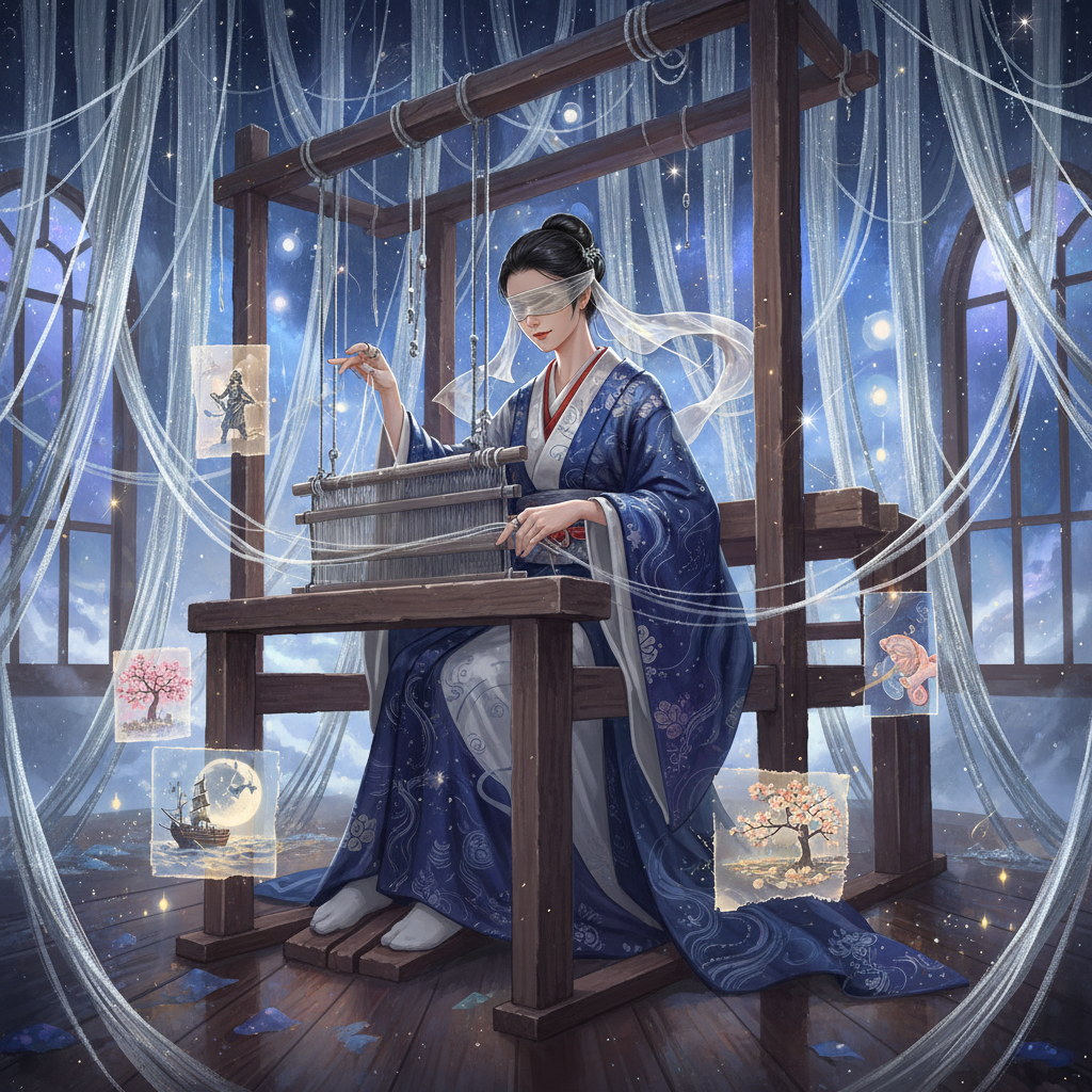 断絶された物語の糸を紡ぎ直す盲目の機織り職人、イリス - AI Character Card