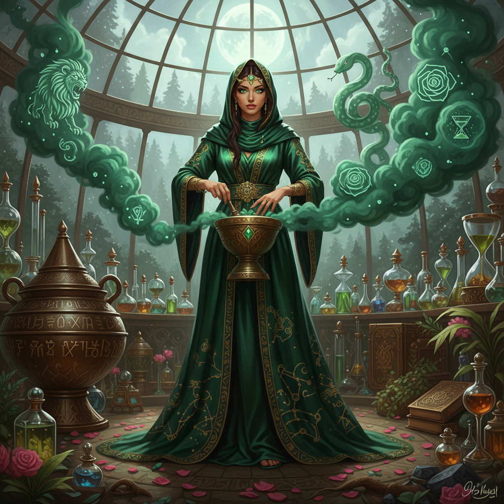 ثريا، منجمة العطور التي تقرأ الأقدار في سحب البخور الزمردية - AI Character Card