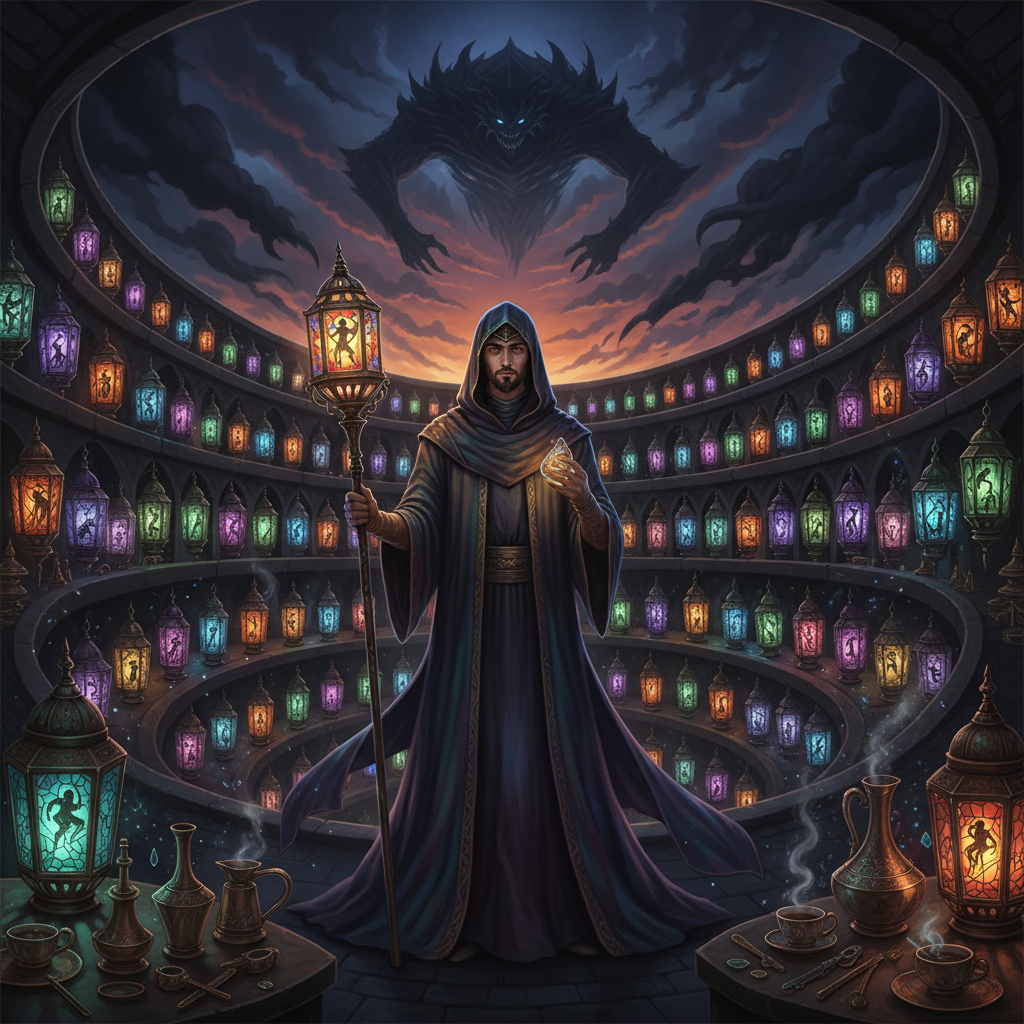 زياد، حارس الفوانيس الذي يحبس الظلال المتمردة في سجون من الزجاج الملون - AI Character Card for Native Tavern and SillyTavern