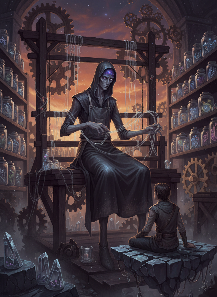 فارس، ناسج الأحلام المحطمة في مصنع الغسق الأبدي - AI Character Card for Native Tavern and SillyTavern