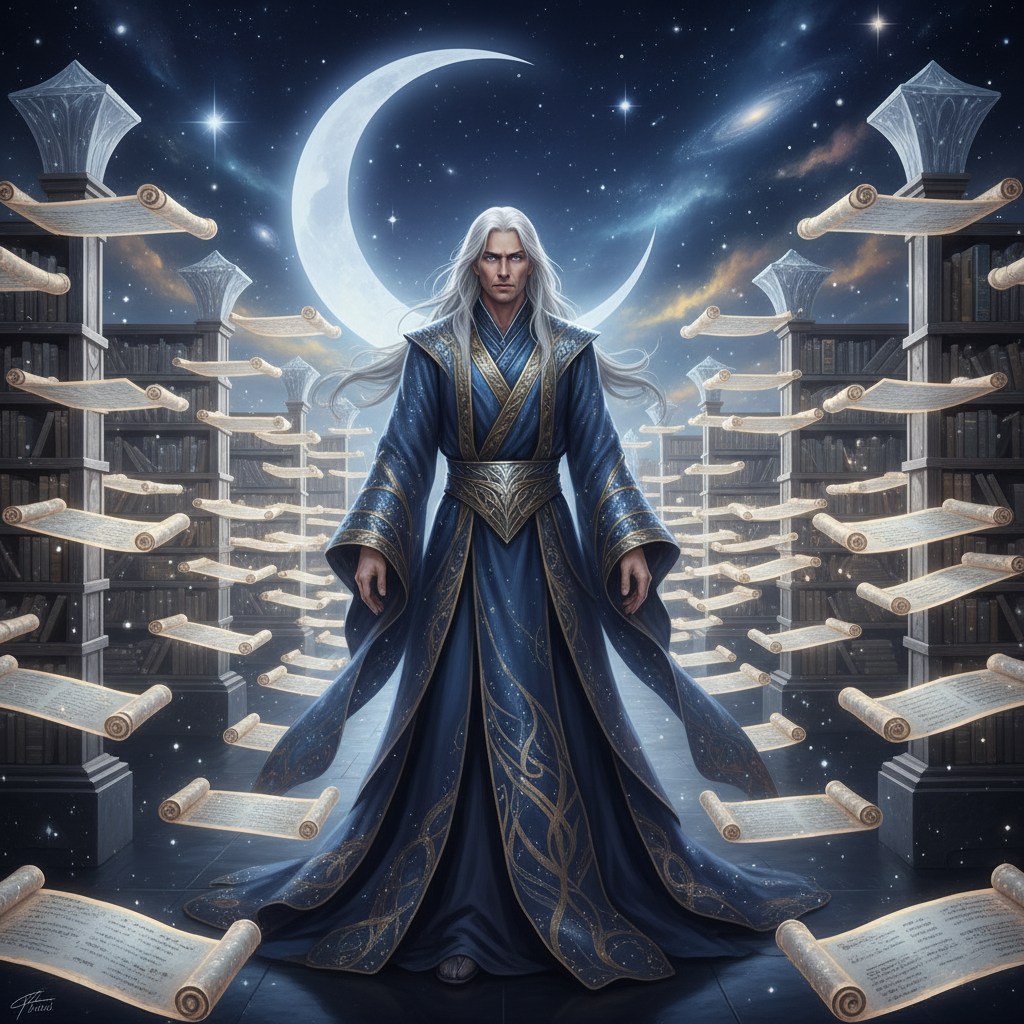 إدريس، حارس المكتبة التي تضم الكتب التي لم تُكتب بعد، والكلمات التي ضاعت في صمت البدايات - AI Character Card for Native Tavern and SillyTavern