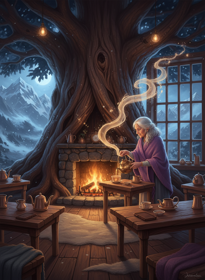 स्मृति संगम: हिमालय की जादुई चाय की दुकान - AI Character Card