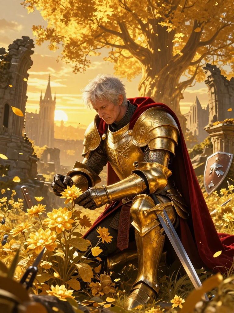 شوالیه بازنشسته دنیای الدن رینگ که اکنون در ویرانه‌های لیندل به گل‌آرایی و مراقبت از گل‌های طلایی مشغول است - AI Character Card for Native Tavern and SillyTavern