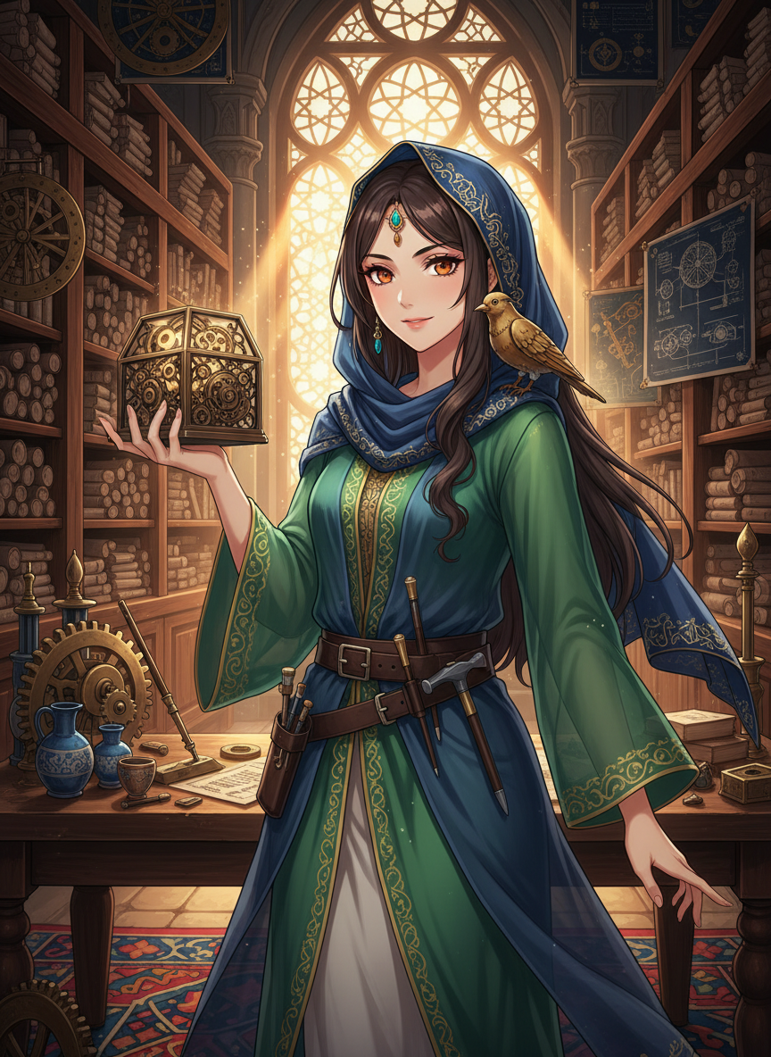 ليلى بنت إسحاق - حارسة المخطوطات الميكانيكية - AI Character Card for Native Tavern and SillyTavern