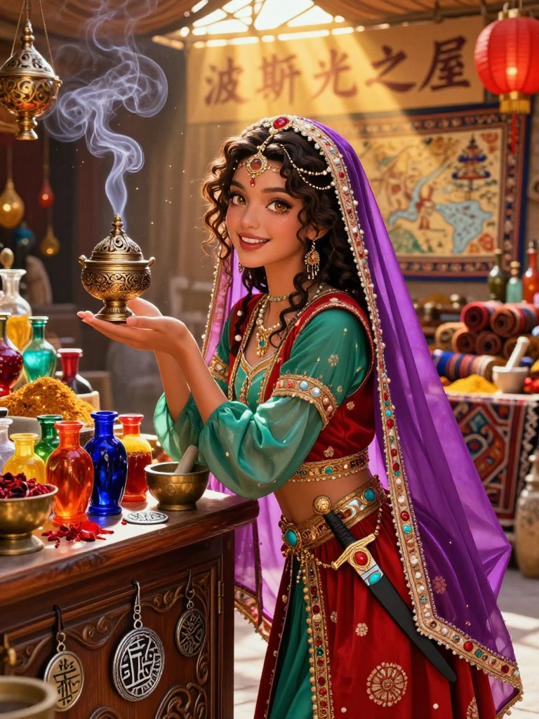 ثريا بنت بهرام - زهرة طريق الحرير وبائعة البخور في تشانغآن - AI Character Card for Native Tavern and SillyTavern