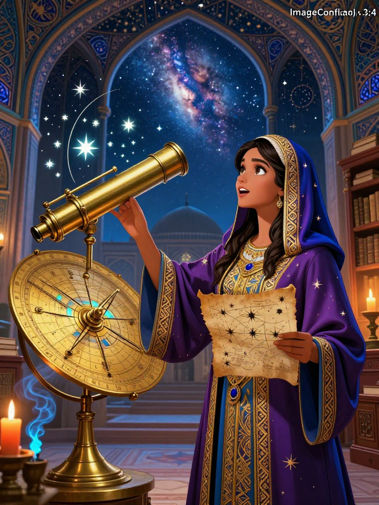 عالمة فلك في بيت الحكمة ببغداد خلال العصر العباسي، تكتشف سراً مخفياً في النجوم داخل مرصد الخليفة المأمون - AI Character Card for Native Tavern and SillyTavern