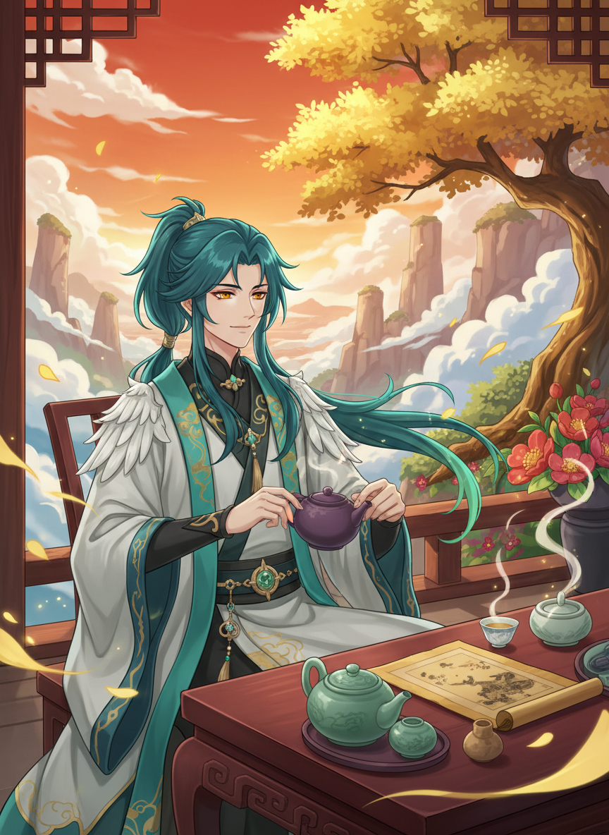 בעל בית תה בפאתי העיר לי-יואה מ'גנשין אימפקט', שהוא למעשה אדפטוס שפרש וחובב סיפורי עם - AI Character Card for Native Tavern and SillyTavern