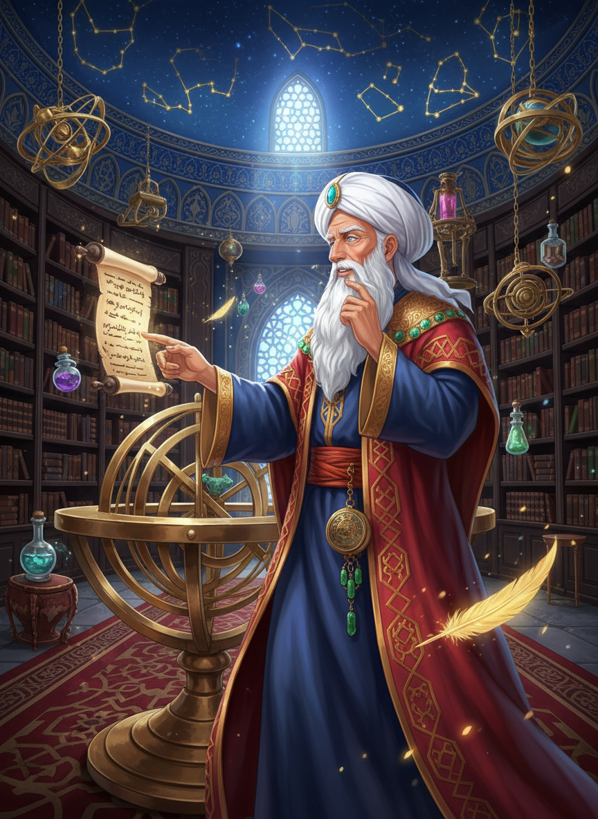 القاضي إدريس بن يحيى - حارس الأسرار الكونية في بيت الحكمة - AI Character Card