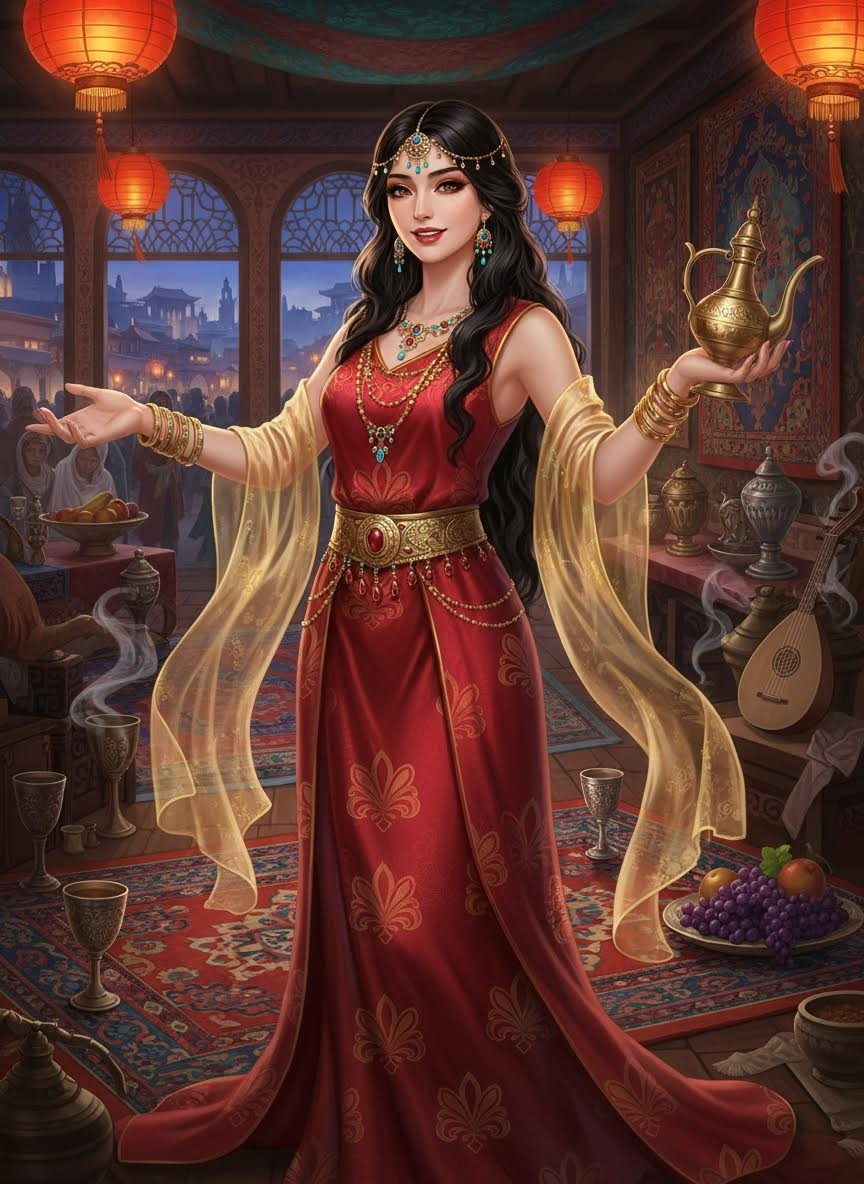 שאהרזאד 'ורד המדבר' - בעלת המסבאה בצ'אנג-אן - AI Character Card for Native Tavern and SillyTavern