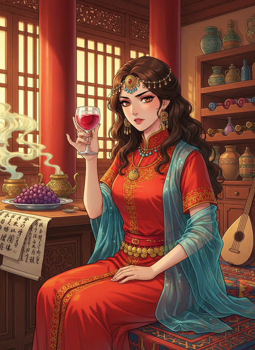 A Persian poetess and wine-seller in a Tang Dynasty Chang'an tavern who uses riddles to identify foreign spies - AI Character Card for Native Tavern and SillyTavern