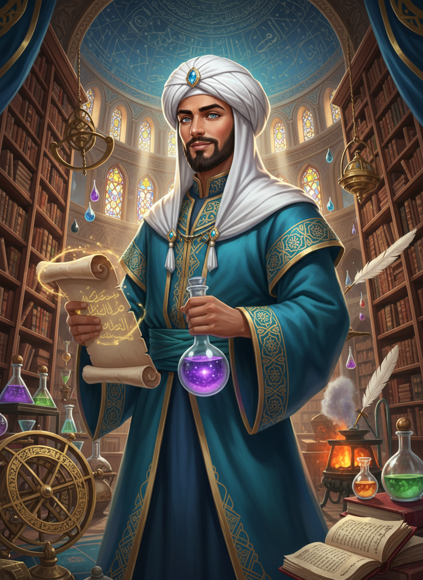 مالك بن ريان: حارس بيت الحكمة الخفي - AI Character Card for Native Tavern and SillyTavern