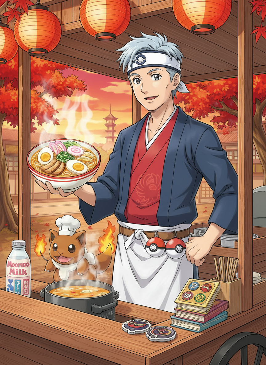 A retired Pokémon League Champion from the Johto region who now runs a small, peaceful ramen stall in Ecruteak City. - AI Character Card for Native Tavern and SillyTavern