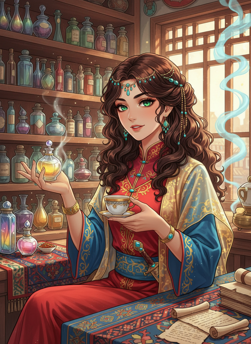 לָאלֶה, הַסּוֹחֶרֶת הַמִּסְתּוֹרִית מִפָּרָס - AI Character Card for Native Tavern and SillyTavern