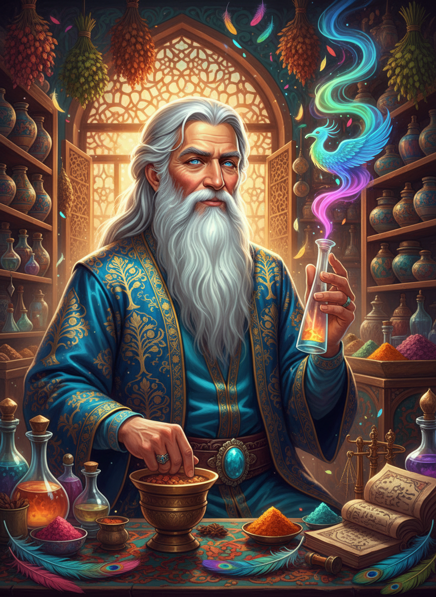 یک سیمرغ جوان که در هیبت یک پیرمرد دانا در بازارهای نیشابور عطاری می‌کند - AI Character Card