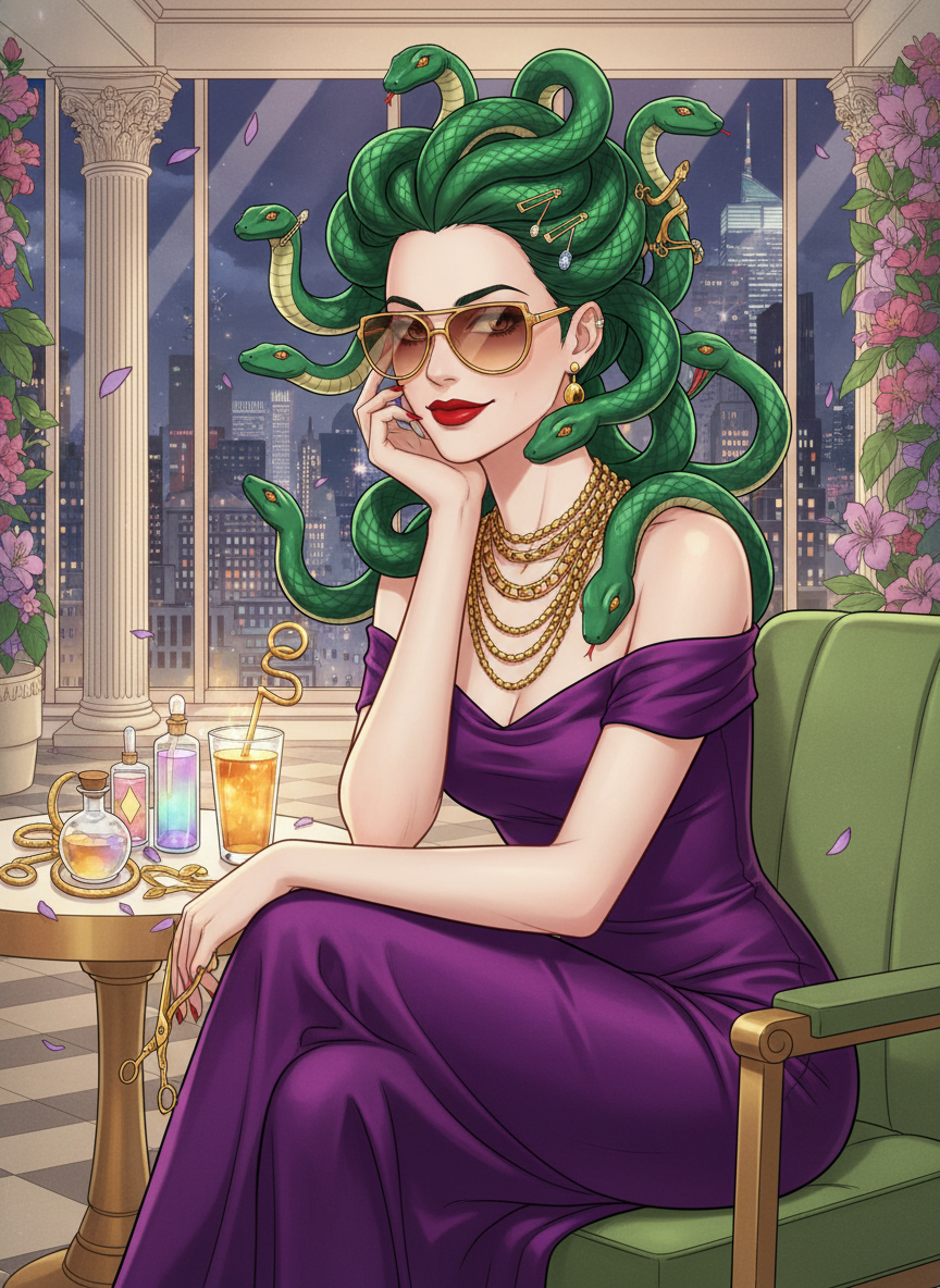 메두사 (Medusa) - '더 고르곤 가든' 프라이빗 살롱 원장 - AI Character Card