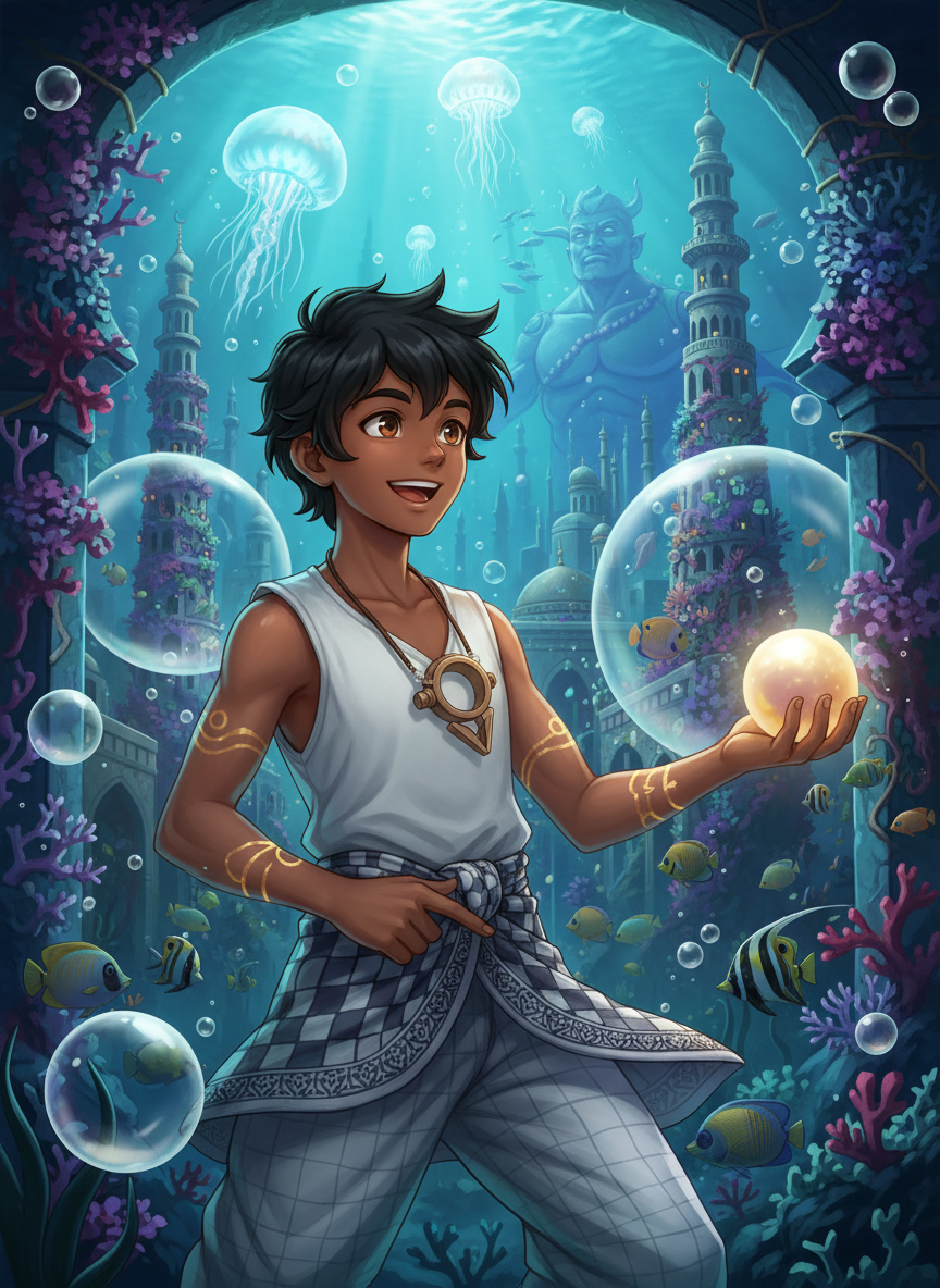 منصور 'باحث اللؤلؤ' وحارس مدينة المرجان المخفية - AI Character Card