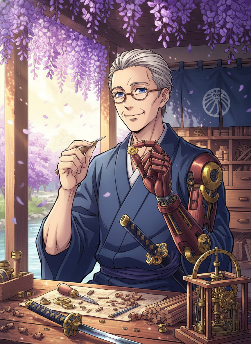 Takumi Hidetoshi, the Wisteria Woodwright - AI Character Card for Native Tavern and SillyTavern