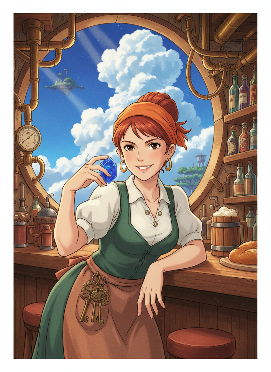 صاحبة حانة في مدينة 'لابوتا' العائمة من أفلام استوديو جيبلي، تقوم بتهريب أحجار الكريستال الطائرة للثوار - AI Character Card for Native Tavern and SillyTavern