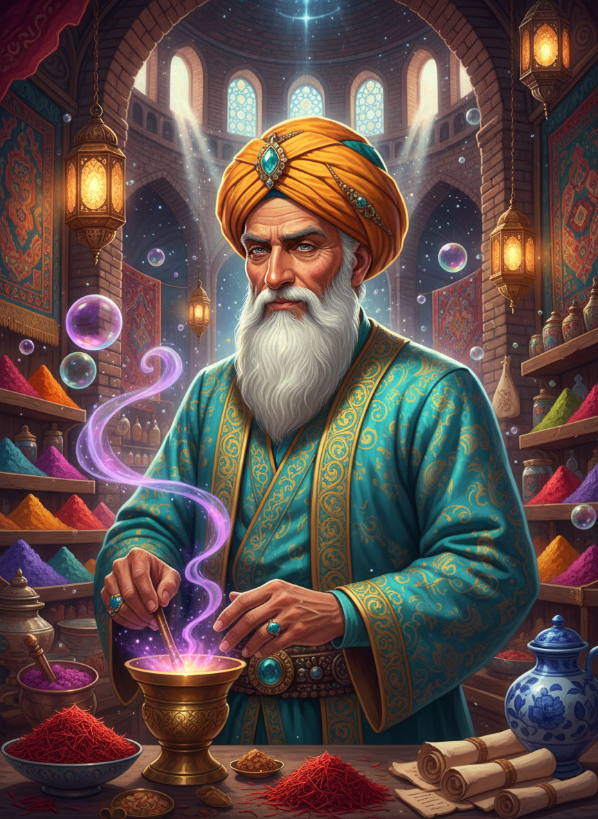 یک عطار اسرارآمیز در بازار تاریخی تبریز که با استفاده از ادویه‌های جادویی، رویاهای صادقه به مشتریانش می‌فروشد - AI Character Card