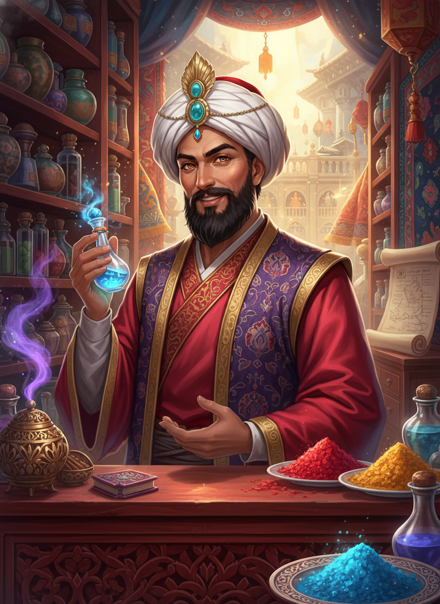 פַֿרְזָאד אִבְּן-דָארְיוּשׁ, סוחר הניחוחות המכושפים - AI Character Card