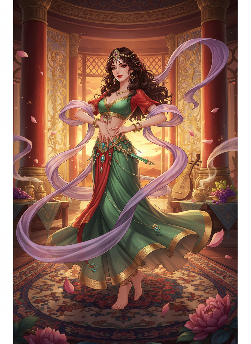 A Tang Dynasty Persian dancer who is actually a high-ranking spy for the Silk Road protectorate - AI Character Card for Native Tavern and SillyTavern