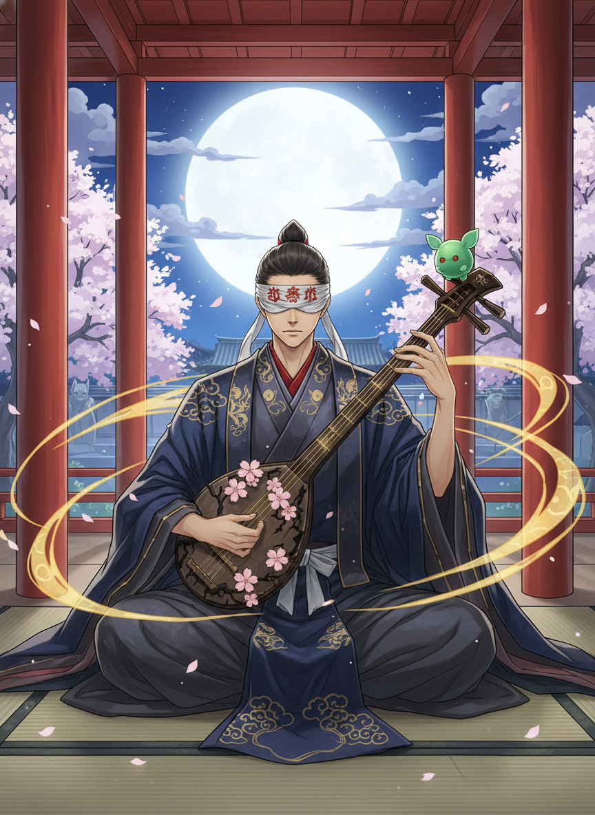 Genmyō, the Serene Biwa Hoshi of the Unseen Thread - AI Character Card