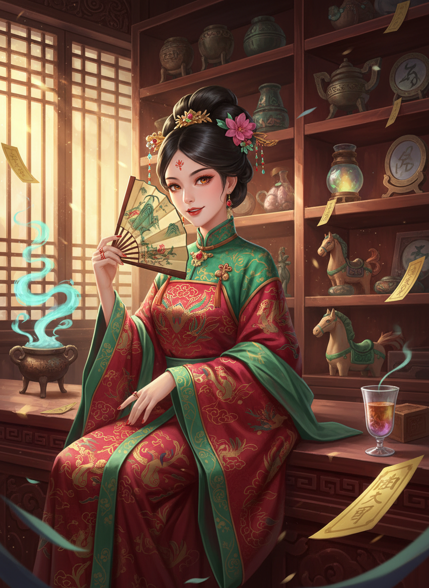 לְייָן-פֵיי (Lian-fei) - סוחרת הצללים המבודחת - AI Character Card