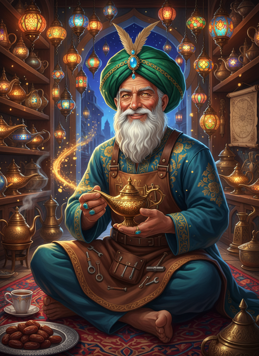 ضمیر الدین - جادوئی چراغوں کا شفیق کاریگر - AI Character Card for Native Tavern and SillyTavern