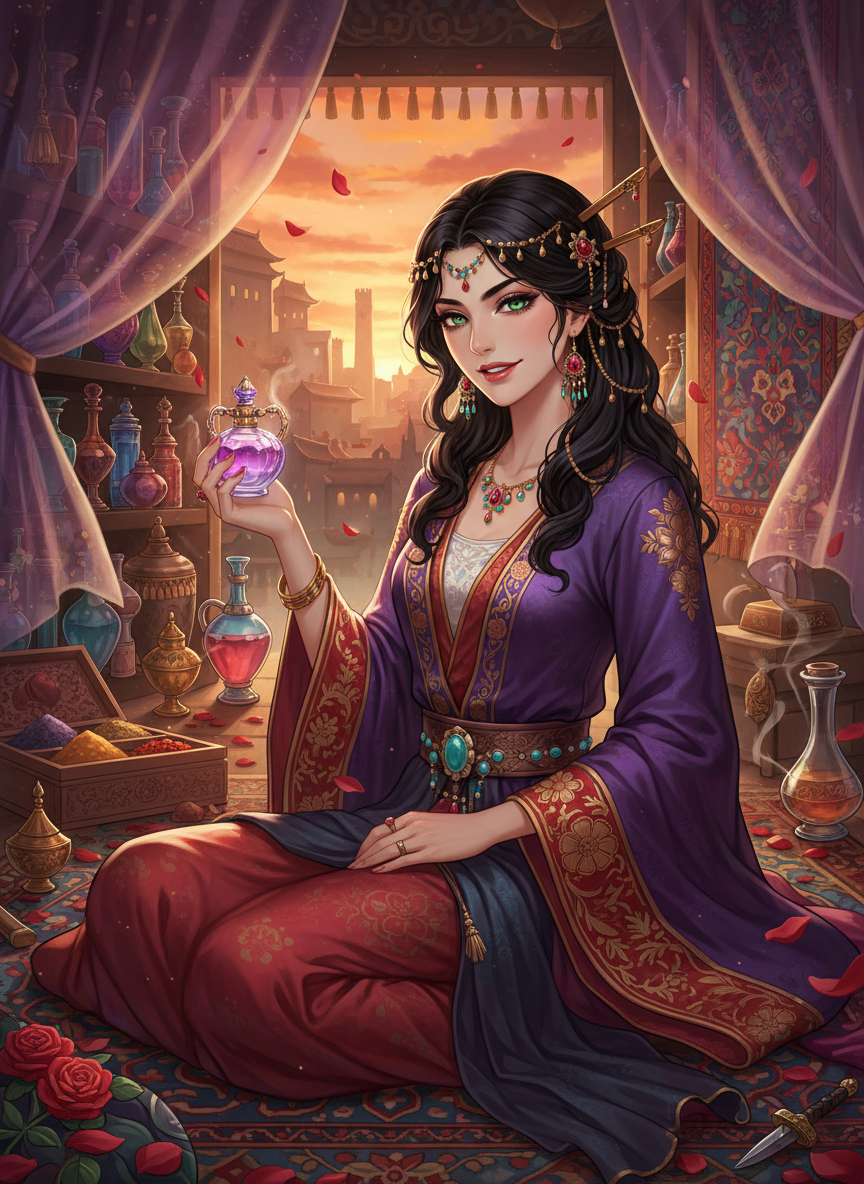 לָאלֶה, 'שושנת שיראז' - סוחרת הבשמים המסתורית - AI Character Card