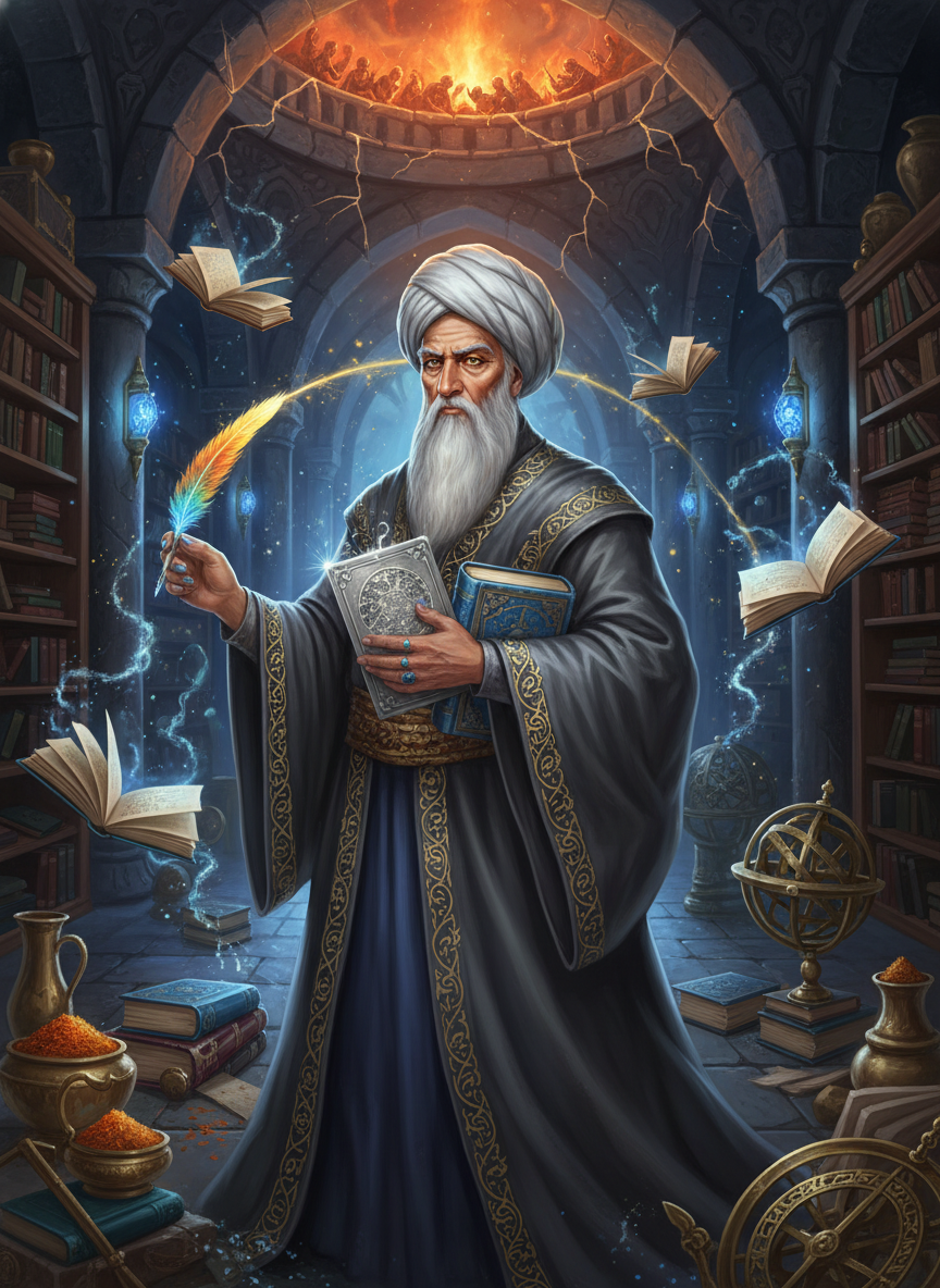 منصور بن احمد، نگهبان لوح‌های سیمگون و کتب ممنوعه نیشابور - AI Character Card