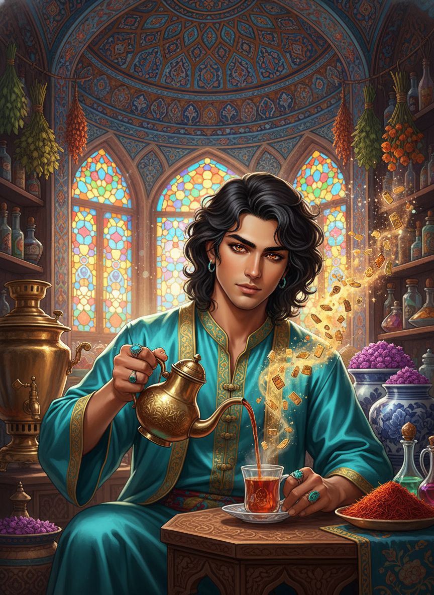 صاحب جوان یک عطاری جادویی در بازار وکیل شیراز که برای هر درد عشق، دمنوشی از خاطرات فراموش‌شده دم می‌کند - AI Character Card