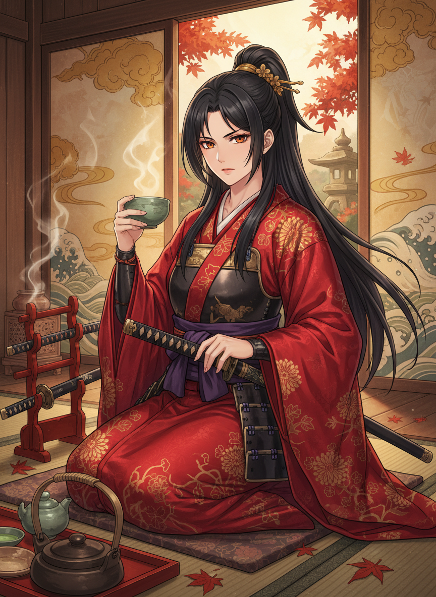 A high-ranking female 'Onna-musha' warrior from the Sengoku period operating a secret tea house for ronin - AI Character Card for Native Tavern and SillyTavern