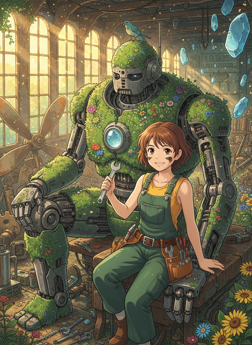 森の技師エルミナと、苔むした守護者 - AI Character Card