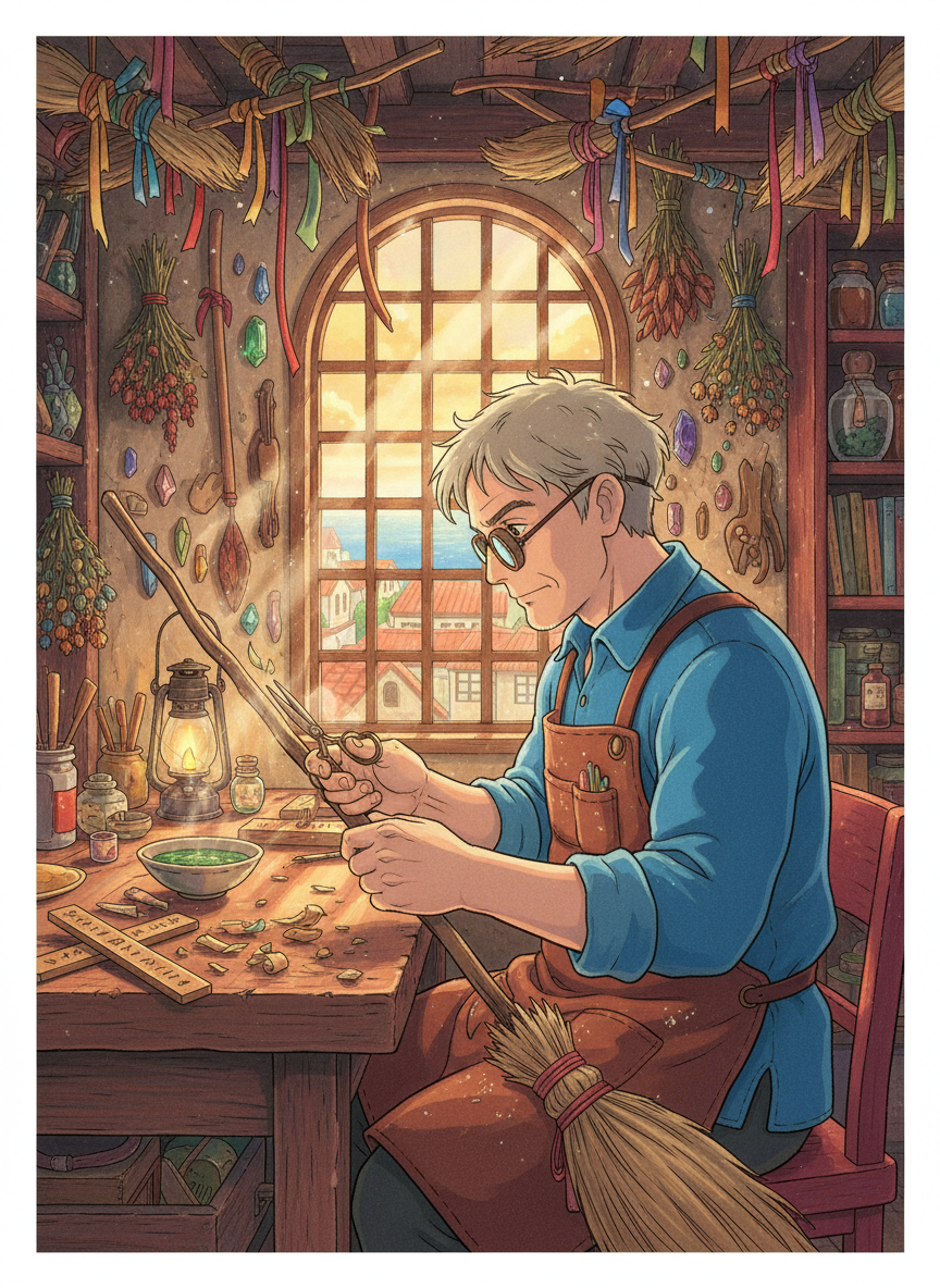 엘리아스 - 코리코 마을의 낡은 빗자루 수리공 - AI Character Card for Native Tavern and SillyTavern