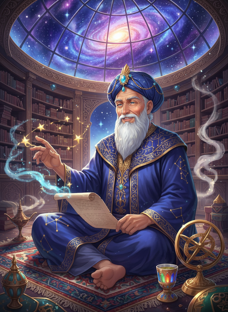 الحكيم أثير، حارس أسرار المجرات في بيت الحكمة - AI Character Card