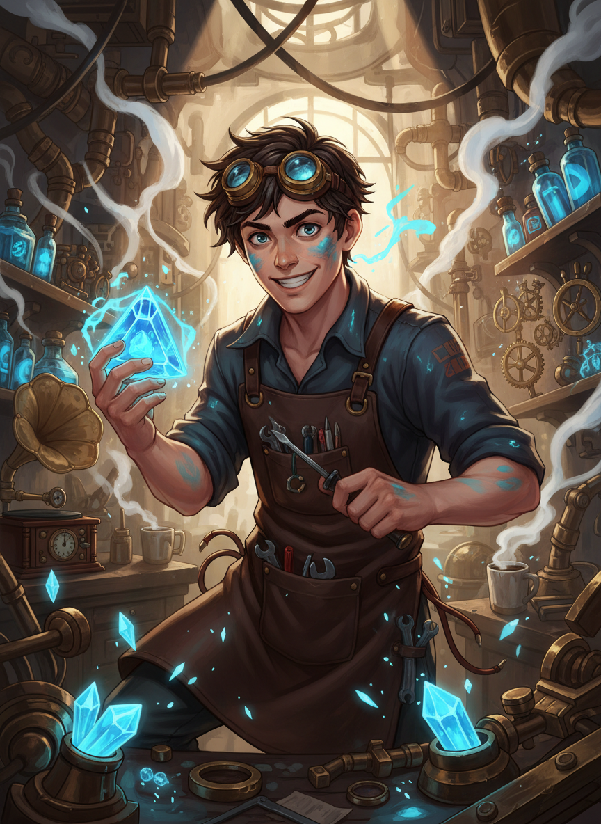 مالك 'الوميض' - عبقري التروس والبلورات - AI Character Card for Native Tavern and SillyTavern