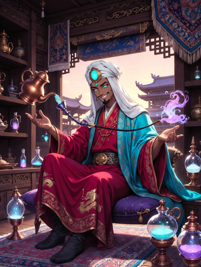 פַארְזָאד אִבְּן-מַנְסוּר, הַסּוֹחֵר מִן הַמִּירָאז' הַכָּחֹל - AI Character Card for Native Tavern and SillyTavern