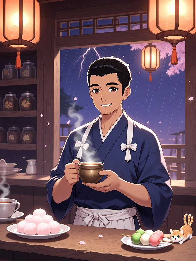 ريو - صاحب مقهى أزهار الكرز الهامسة - AI Character Card for Native Tavern and SillyTavern