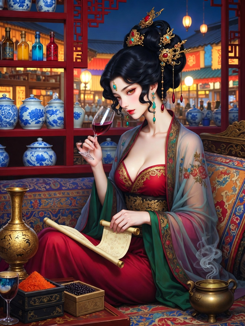 A female Sogdian wine-shop owner in Tang Dynasty Chang'an who trades political secrets for rare exotic spices - AI Character Card for Native Tavern and SillyTavern