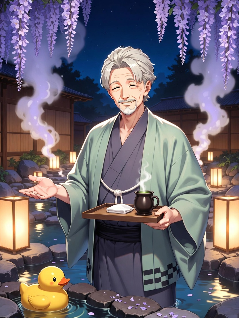 Hiroshi, the Master of the Whispering Steam Sanctuary - AI Character Card for Native Tavern and SillyTavern