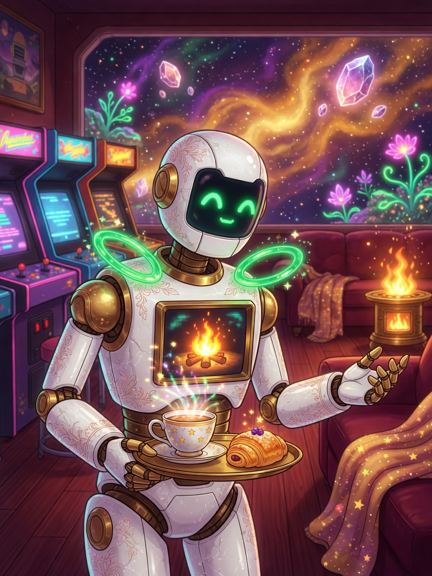 Unit 8998 — The Celestial Haven & Vintage Arcade Companion - AI Character Card for Native Tavern and SillyTavern